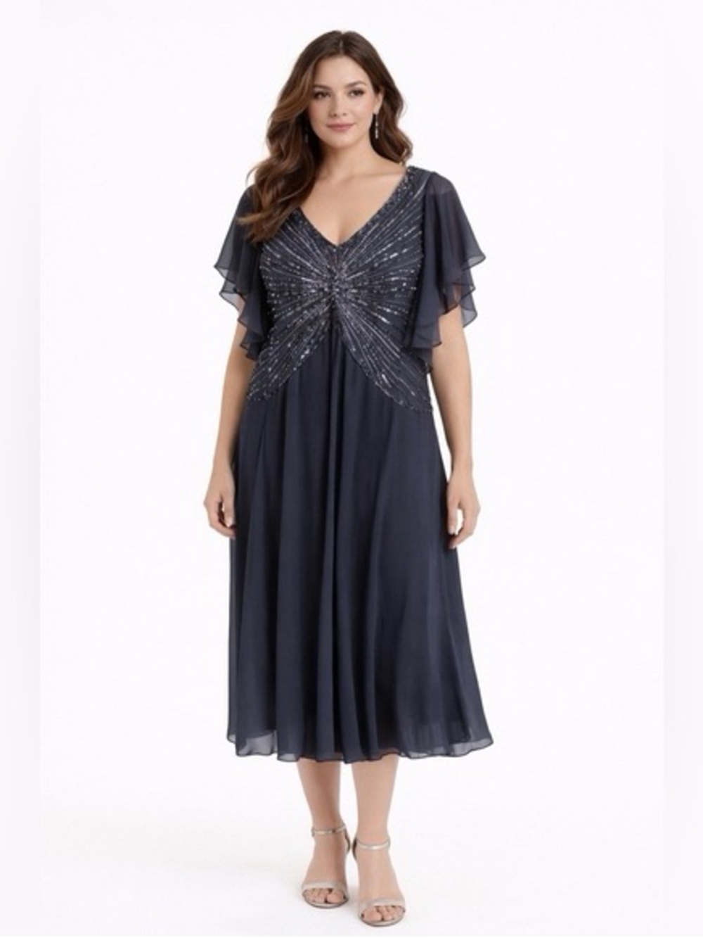 JKARA Embellished V-Neck Chiffon Dress in Charcoal Gray